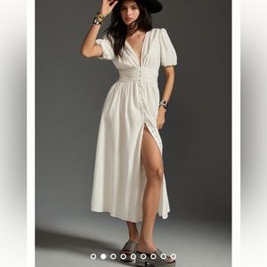 Anthropologie Katerina White Lurex Button Front Midi V-Neck Dress Size 8